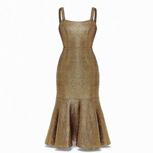 Mestiza New York Gold Tweed Dress Size‎ 4 Flutter Hem Midi Tea Length